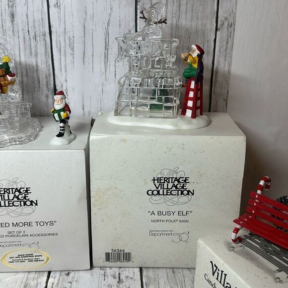 Department 56 Lot of 4 Village Accessories A Busy Elf Candy Cane Bench - Picture 3 of 11